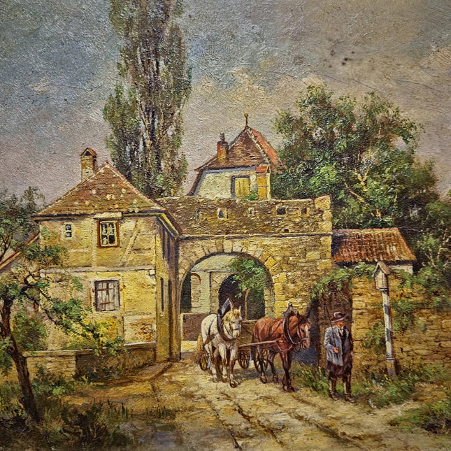 Antique German Landscape Oil Painting, Original Signed Artwork, Horse Carriage City Gate Scene, Gold Framed Wall Art, European Vintage Decor
