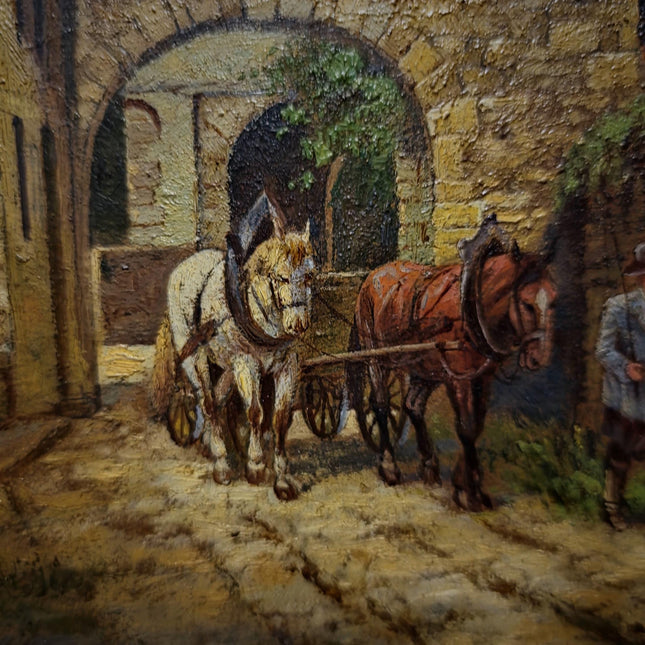 Antique German Landscape Oil Painting, Original Signed Artwork, Horse Carriage City Gate Scene, Gold Framed Wall Art, European Vintage Decor
