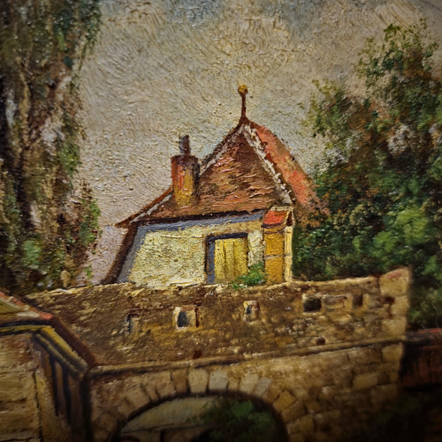 Antique German Landscape Oil Painting, Original Signed Artwork, Horse Carriage City Gate Scene, Gold Framed Wall Art, European Vintage Decor