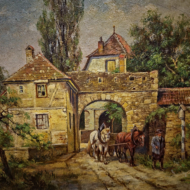 Antique German Landscape Oil Painting, Original Signed Artwork, Horse Carriage City Gate Scene, Gold Framed Wall Art, European Vintage Decor