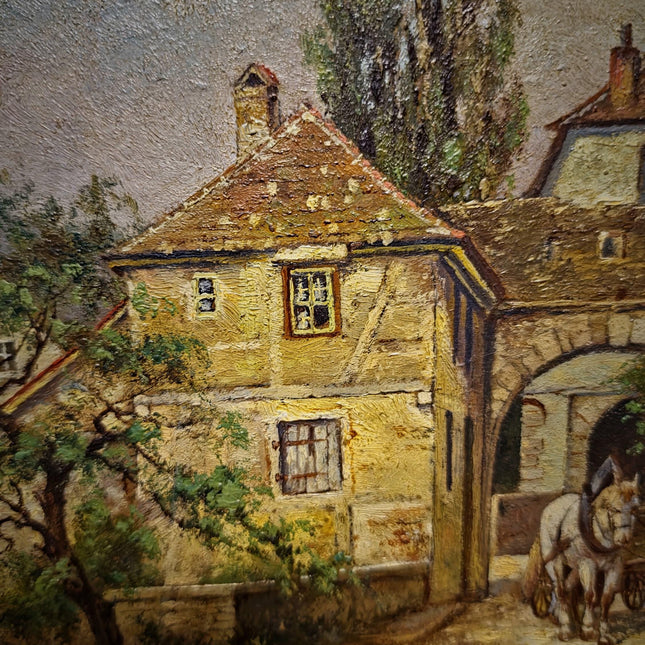 Antique German Landscape Oil Painting, Original Signed Artwork, Horse Carriage City Gate Scene, Gold Framed Wall Art, European Vintage Decor