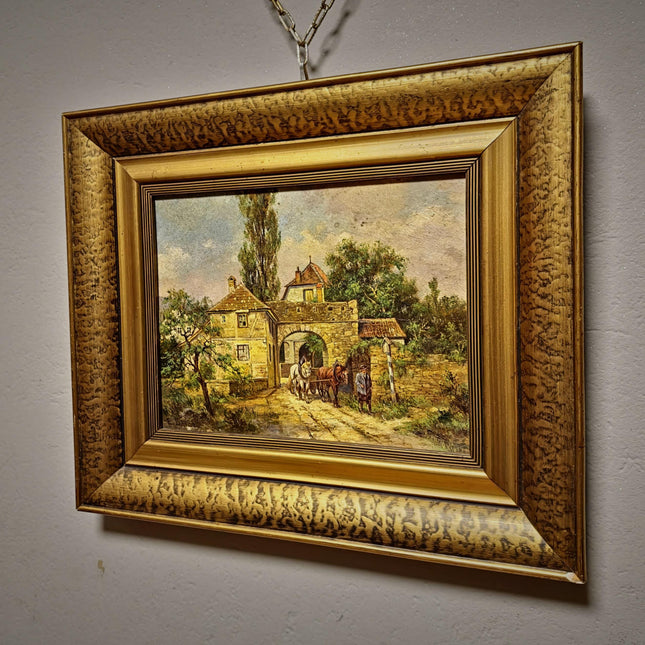 Antique German Landscape Oil Painting, Original Signed Artwork, Horse Carriage City Gate Scene, Gold Framed Wall Art, European Vintage Decor