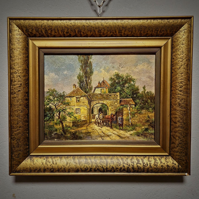 Antique German Landscape Oil Painting, Original Signed Artwork, Horse Carriage City Gate Scene, Gold Framed Wall Art, European Vintage Decor