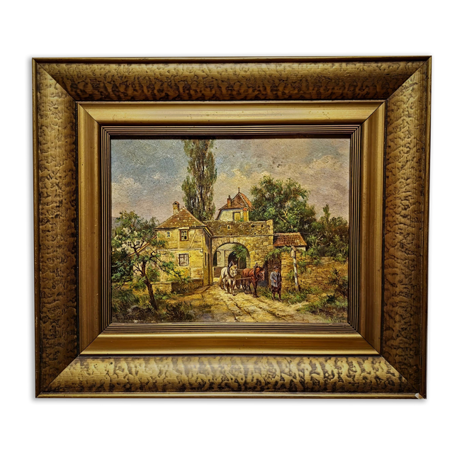 Antique German Landscape Oil Painting, Original Signed Artwork, Horse Carriage City Gate Scene, Gold Framed Wall Art, European Vintage Decor