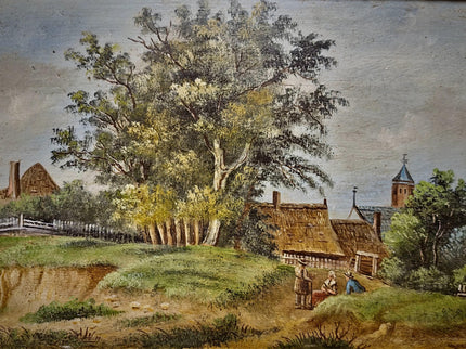 Antique German Oil Painting Rural Landscape with Figures, Original 19th Century Pastoral Scene Artwork, Gold Framed Wall Art Farmhouse Decor