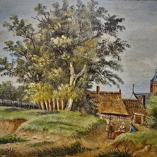 Antique German Oil Painting Rural Landscape with Figures, Original 19th Century Pastoral Scene Artwork, Gold Framed Wall Art Farmhouse Decor