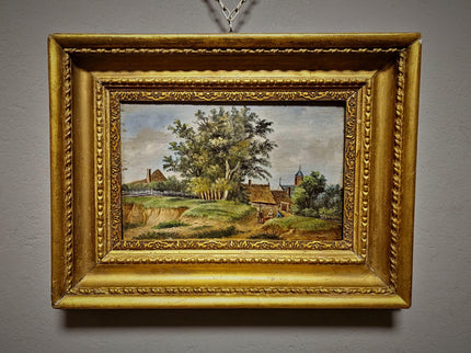 Antique German Oil Painting Rural Landscape with Figures, Original 19th Century Pastoral Scene Artwork, Gold Framed Wall Art Farmhouse Decor
