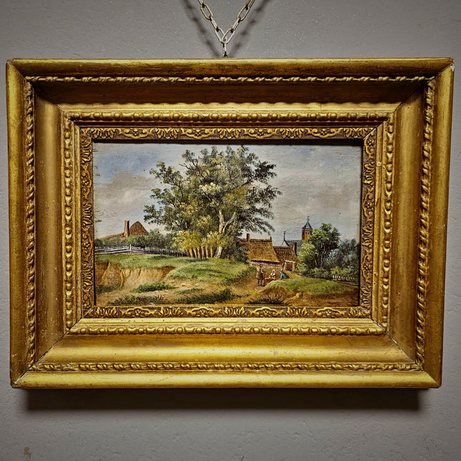 Antique German Oil Painting Rural Landscape with Figures, Original 19th Century Pastoral Scene Artwork, Gold Framed Wall Art Farmhouse Decor