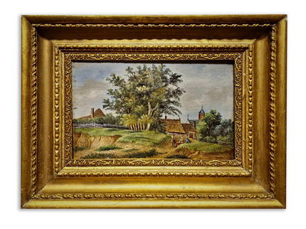 Antique German Oil Painting Rural Landscape with Figures, Original 19th Century Pastoral Scene Artwork, Gold Framed Wall Art Farmhouse Decor
