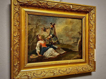 Antique German Baroque Oil Painting, 18th Century Romantic Couple Scene, Genre Artwork, Gold Framed Wall Art, Old Master Style Decor