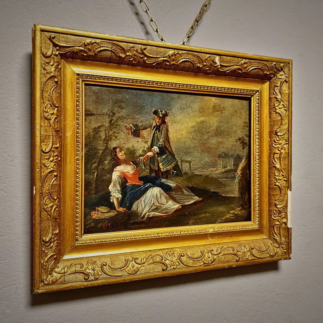 Antique German Baroque Oil Painting, 18th Century Romantic Couple Scene, Genre Artwork, Gold Framed Wall Art, Old Master Style Decor