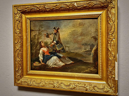 Antique German Baroque Oil Painting, 18th Century Romantic Couple Scene, Genre Artwork, Gold Framed Wall Art, Old Master Style Decor