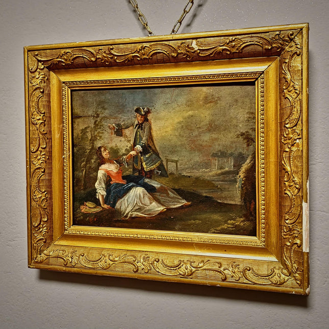 Antique German Baroque Oil Painting, 18th Century Romantic Couple Scene, Genre Artwork, Gold Framed Wall Art, Old Master Style Decor