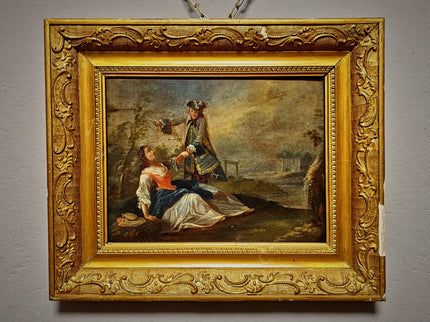 Antique German Baroque Oil Painting, 18th Century Romantic Couple Scene, Genre Artwork, Gold Framed Wall Art, Old Master Style Decor