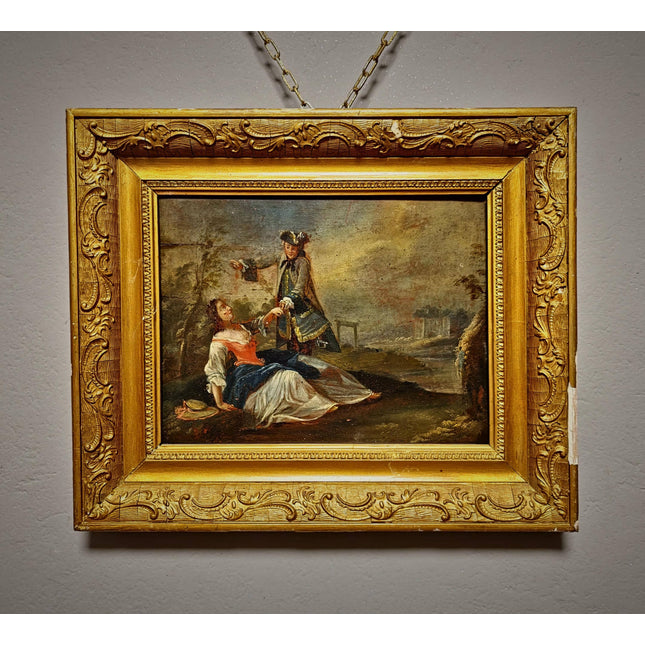 Antique German Baroque Oil Painting, 18th Century Romantic Couple Scene, Genre Artwork, Gold Framed Wall Art, Old Master Style Decor