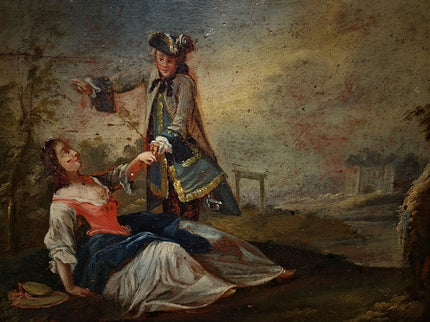 Antique German Baroque Oil Painting, 18th Century Romantic Couple Scene, Genre Artwork, Gold Framed Wall Art, Old Master Style Decor