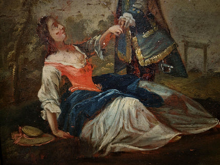 Antique German Baroque Oil Painting, 18th Century Romantic Couple Scene, Genre Artwork, Gold Framed Wall Art, Old Master Style Decor