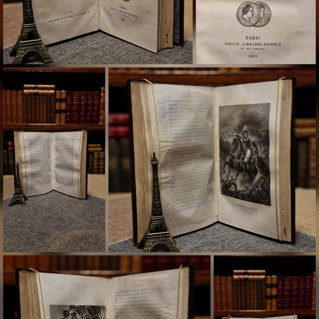 1845 Rare Antique French Leather Book Set, 20 Volumes, Illustrated Napoleonic Bookshelf Decor, Dark Academia Library, Vintage Interior