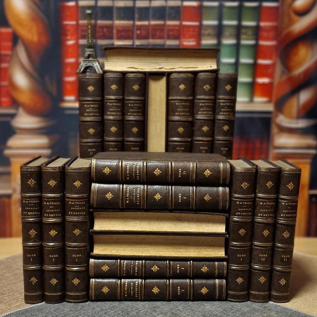 1845 Rare Antique French Leather Book Set, 20 Volumes, Illustrated Napoleonic Bookshelf Decor, Dark Academia Library, Vintage Interior