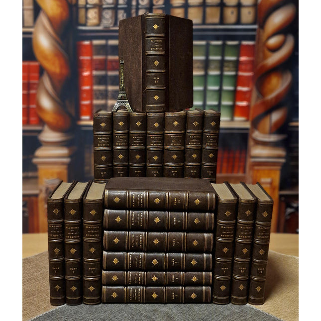 1845 Rare Antique French Leather Book Set, 20 Volumes, Illustrated Napoleonic Bookshelf Decor, Dark Academia Library, Vintage Interior