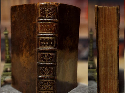 1721 Antique French Leather Bible Set, 3 Volumes, 18th Century Bookshelf Decor, Religious Library, Dark Academia Interior