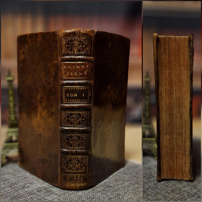 1721 Antique French Leather Bible Set, 3 Volumes, 18th Century Bookshelf Decor, Religious Library, Dark Academia Interior