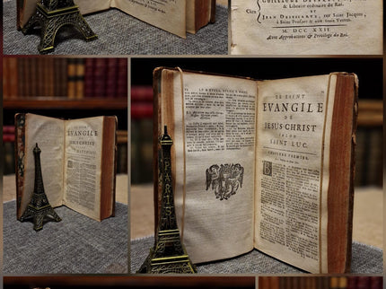 1721 Antique French Leather Bible Set, 3 Volumes, 18th Century Bookshelf Decor, Religious Library, Dark Academia Interior