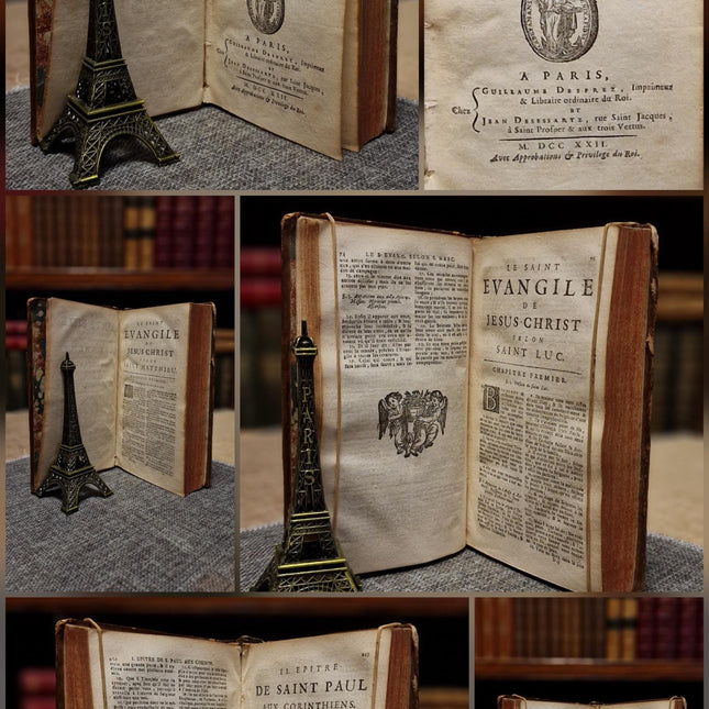 1721 Antique French Leather Bible Set, 3 Volumes, 18th Century Bookshelf Decor, Religious Library, Dark Academia Interior