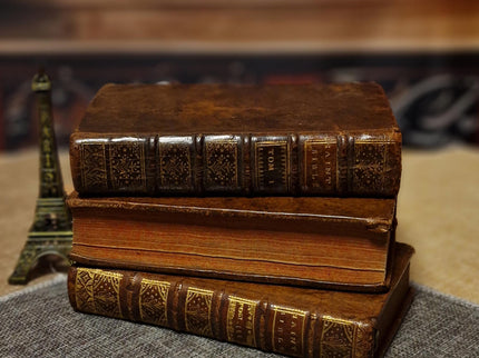 1721 Antique French Leather Bible Set, 3 Volumes, 18th Century Bookshelf Decor, Religious Library, Dark Academia Interior