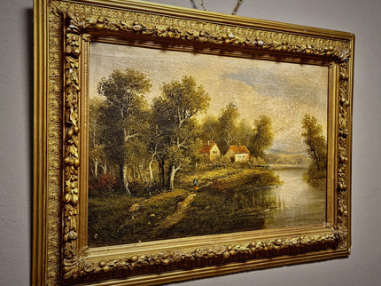 Large Antique French Landscape Oil Painting, 19th Century Romantic River Scene, Countryside Artwork, Gold Framed Wall Decor, Original Canvas