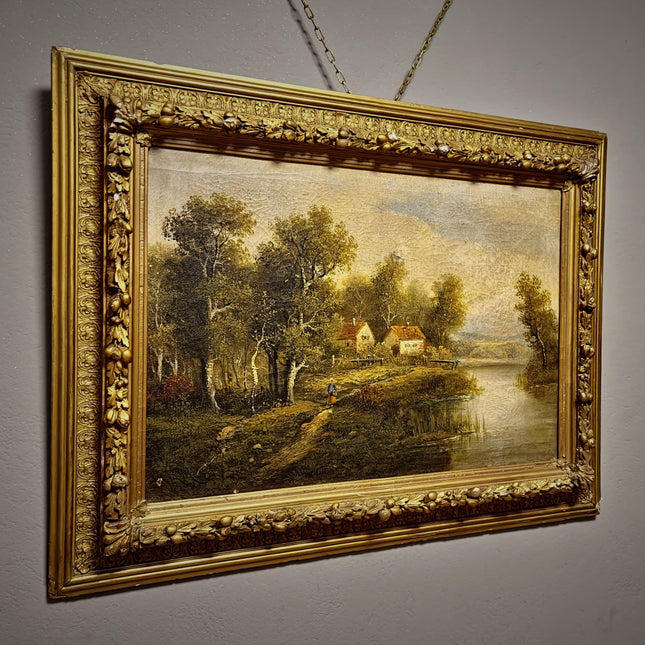 Large Antique French Landscape Oil Painting, 19th Century Romantic River Scene, Countryside Artwork, Gold Framed Wall Decor, Original Canvas