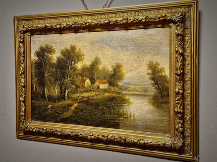 Large Antique French Landscape Oil Painting, 19th Century Romantic River Scene, Countryside Artwork, Gold Framed Wall Decor, Original Canvas
