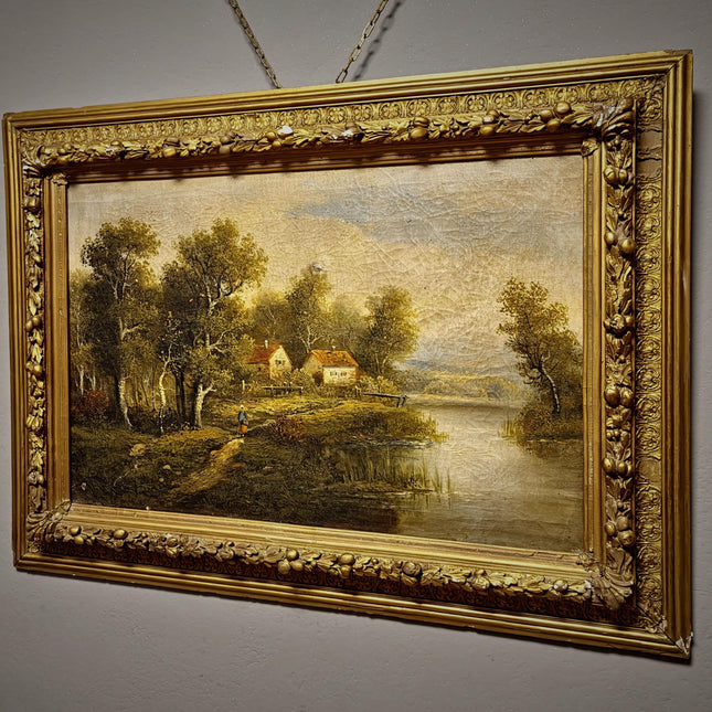 Large Antique French Landscape Oil Painting, 19th Century Romantic River Scene, Countryside Artwork, Gold Framed Wall Decor, Original Canvas