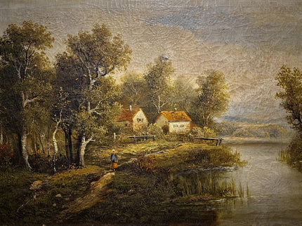 Large Antique French Landscape Oil Painting, 19th Century Romantic River Scene, Countryside Artwork, Gold Framed Wall Decor, Original Canvas