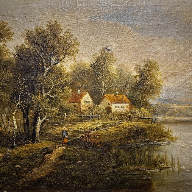 Large Antique French Landscape Oil Painting, 19th Century Romantic River Scene, Countryside Artwork, Gold Framed Wall Decor, Original Canvas