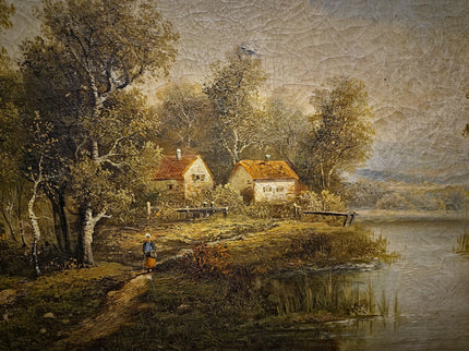 Large Antique French Landscape Oil Painting, 19th Century Romantic River Scene, Countryside Artwork, Gold Framed Wall Decor, Original Canvas