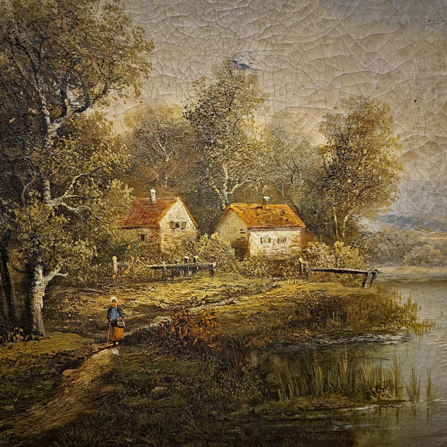 Large Antique French Landscape Oil Painting, 19th Century Romantic River Scene, Countryside Artwork, Gold Framed Wall Decor, Original Canvas