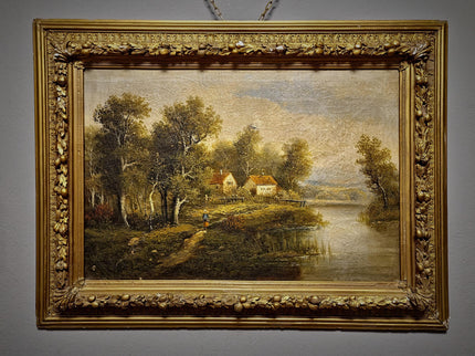 Large Antique French Landscape Oil Painting, 19th Century Romantic River Scene, Countryside Artwork, Gold Framed Wall Decor, Original Canvas