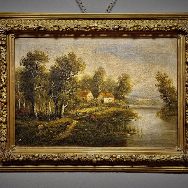 Large Antique French Landscape Oil Painting, 19th Century Romantic River Scene, Countryside Artwork, Gold Framed Wall Decor, Original Canvas