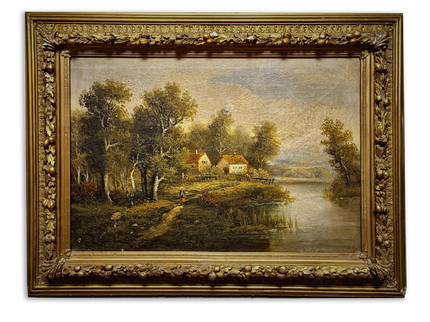 Large Antique French Landscape Oil Painting, 19th Century Romantic River Scene, Countryside Artwork, Gold Framed Wall Decor, Original Canvas
