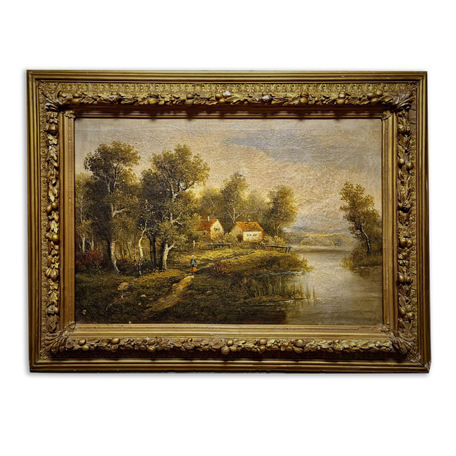 Large Antique French Landscape Oil Painting, 19th Century Romantic River Scene, Countryside Artwork, Gold Framed Wall Decor, Original Canvas