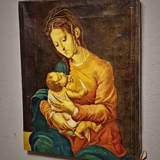Vintage Madonna and Child Painting, French Religious Oil Art, Italian Renaissance Style, Christian Wall Decor, Mid Century Artwork