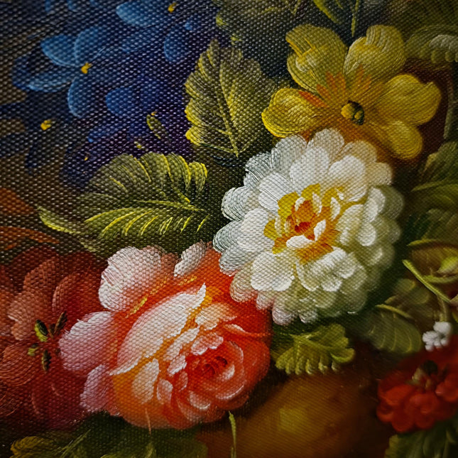 Small Vintage Floral Oil Painting, Dutch Style Flower Still Life, Signed Rose Bouquet Artwork, Gold Framed Wall Decor, European Fine Art