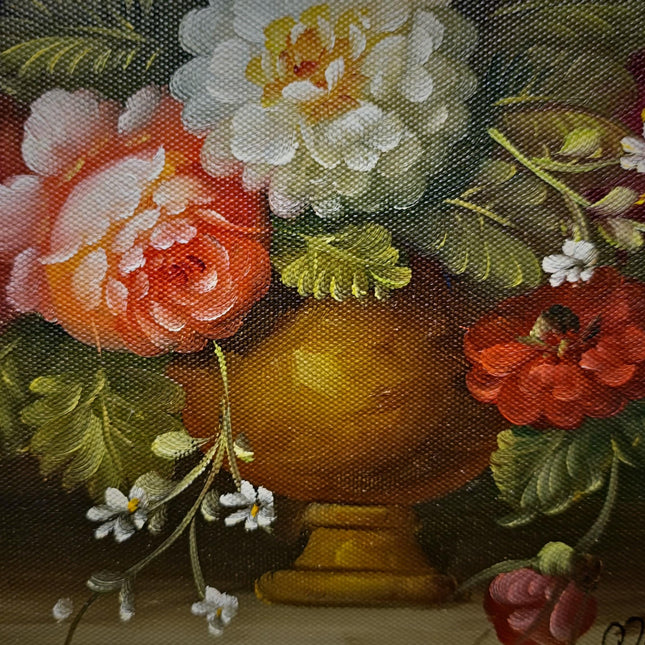 Small Vintage Floral Oil Painting, Dutch Style Flower Still Life, Signed Rose Bouquet Artwork, Gold Framed Wall Decor, European Fine Art