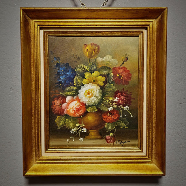 Small Vintage Floral Oil Painting, Dutch Style Flower Still Life, Signed Rose Bouquet Artwork, Gold Framed Wall Decor, European Fine Art