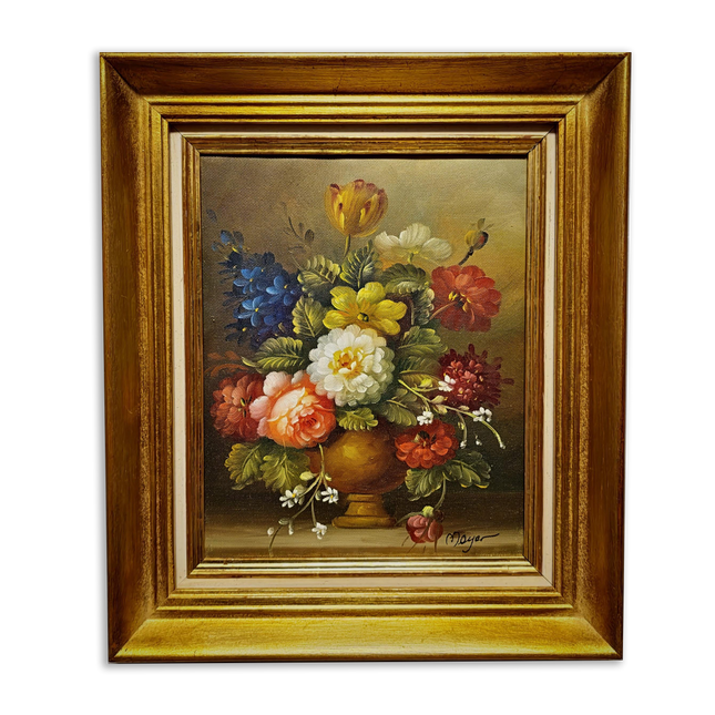 Small Vintage Floral Oil Painting, Dutch Style Flower Still Life, Signed Rose Bouquet Artwork, Gold Framed Wall Decor, European Fine Art