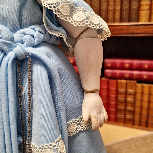 Antique German Porcelain Doll, Victorian Lady Figurine, Blue Dress, Shabby Chic Decor, Romantic Gift for Her, Collector Display, Home Accent