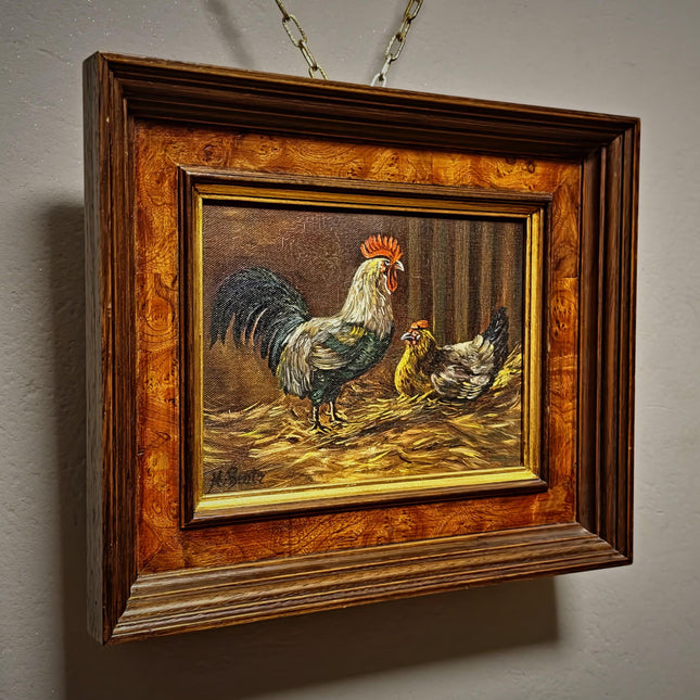 Small Vintage Rooster Oil Painting, Hen Farmhouse Kitchen Wall Art, Signed German Artwork, Rustic Country Decor, Gift For Chicken Lover