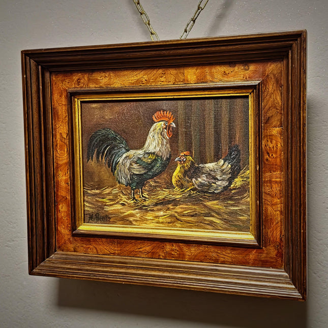 Small Vintage Rooster Oil Painting, Hen Farmhouse Kitchen Wall Art, Signed German Artwork, Rustic Country Decor, Gift For Chicken Lover