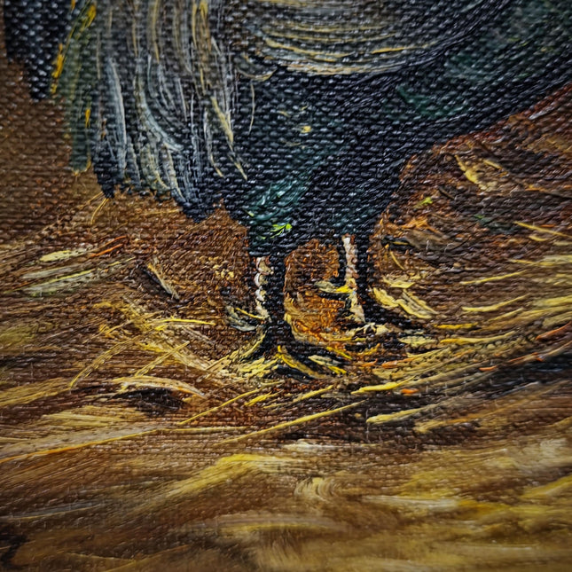 Small Vintage Rooster Oil Painting, Hen Farmhouse Kitchen Wall Art, Signed German Artwork, Rustic Country Decor, Gift For Chicken Lover